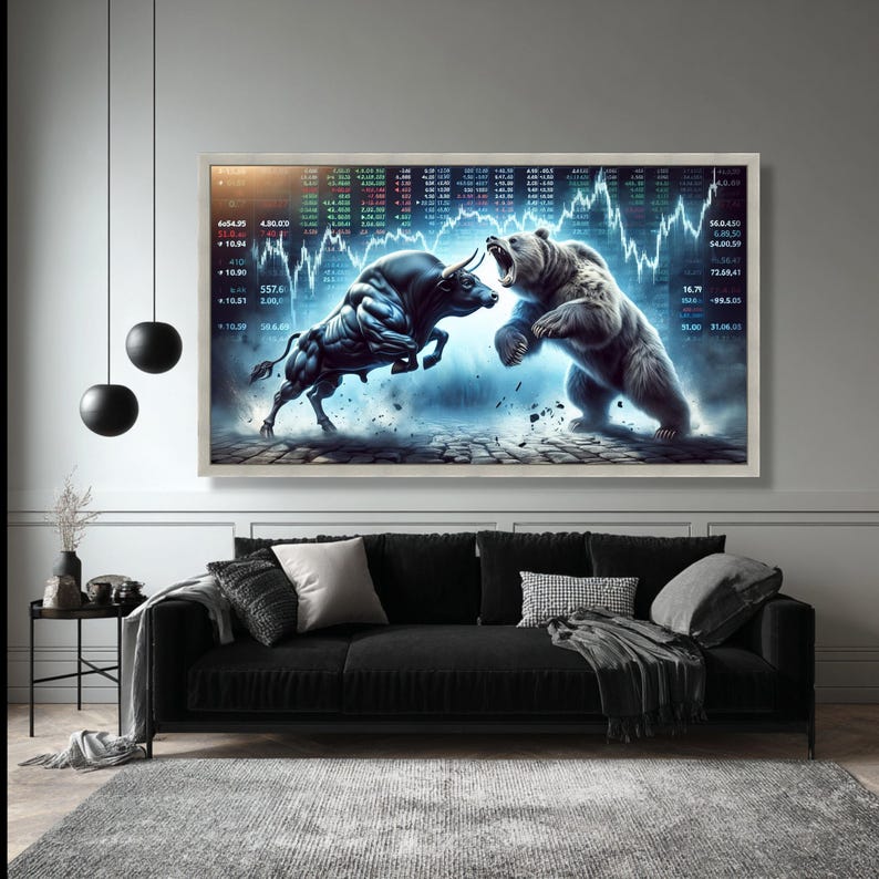 Bull vs Bear Markt Leinwand Wandkunst, finanzielle Börse Schlacht, Investition Thema Leinwand, Handels Wanddekoration, moderne Büro Kunst Bild 6