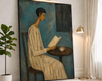 Reading Woman Canvas Print, Abstract Wall Art for Cozy Home Decor, Blue Background Art for Living Room or Office, reading art