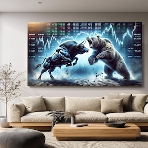 Bull vs Bear Markt Leinwand Wandkunst, finanzielle Börse Schlacht, Investition Thema Leinwand, Handels Wanddekoration, moderne Büro Kunst Bild 3