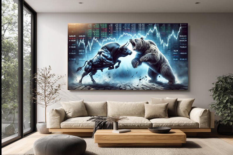 Bull vs Bear Markt Leinwand Wandkunst, finanzielle Börse Schlacht, Investition Thema Leinwand, Handels Wanddekoration, moderne Büro Kunst Bild 3