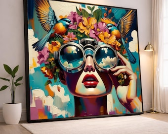 Vibrant Woman with Binoculars and Birds Canvas, Floral Nature Wall Art, Colorful Modern Portrait Canvas, Unique Home Decoration