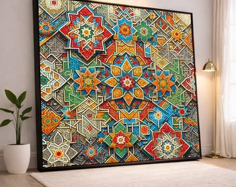 Colorful Geometric Pattern Canvas, Moroccan Star Wall Art, Vibrant Abstract Design, Ethnic Mosaic Canvas, Home Decor Accent