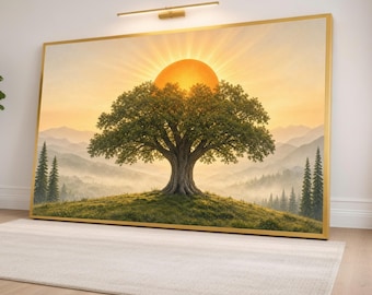 Majestic Tree Canvas Print, Sunrise Landscape Wall Art, Nature Decor for Home, Scenic Mountain View for Living Room, tree wall art