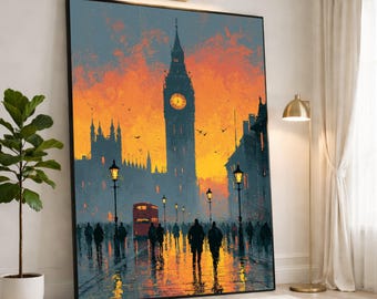 London Sunset Canvas Print, Big Ben Wall Art, Cityscape Decor for Modern Homes, Vibrant Urban Landscape Art for Living Room