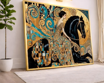 Elegant Woman on Black Horse Canvas, Golden Blue Mosaic Design, Decorative Wall Art, Artistic Home Decoration, Ready to Hang Canvas