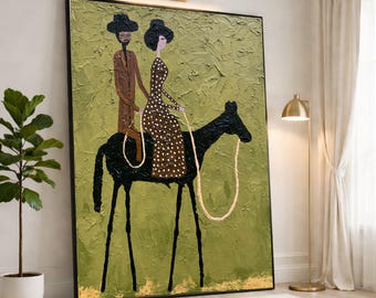 Couple on Horse Canvas Print, Unique Wall Art, Retro Style, Green Background, Home Decor for Living Room or Bedroom, couple wall art