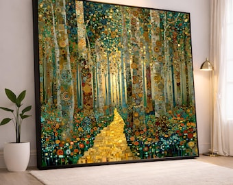 Gustav Klimt Birch Tree Canvas Print, Abstract Forest Path Wall Art, Golden Woodland Landscape, Teal Green Living Room Decor