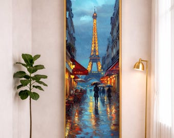 Paris Eiffel Tower Rainy Evening Canvas, Romantic Street Scene Wall Art, Cityscape Painting, Umbrella Walk Home Decor, Impressionist Style