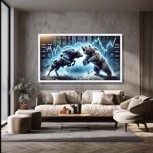 Bull vs Bear Markt Leinwand Wandkunst, finanzielle Börse Schlacht, Investition Thema Leinwand, Handels Wanddekoration, moderne Büro Kunst Bild 2