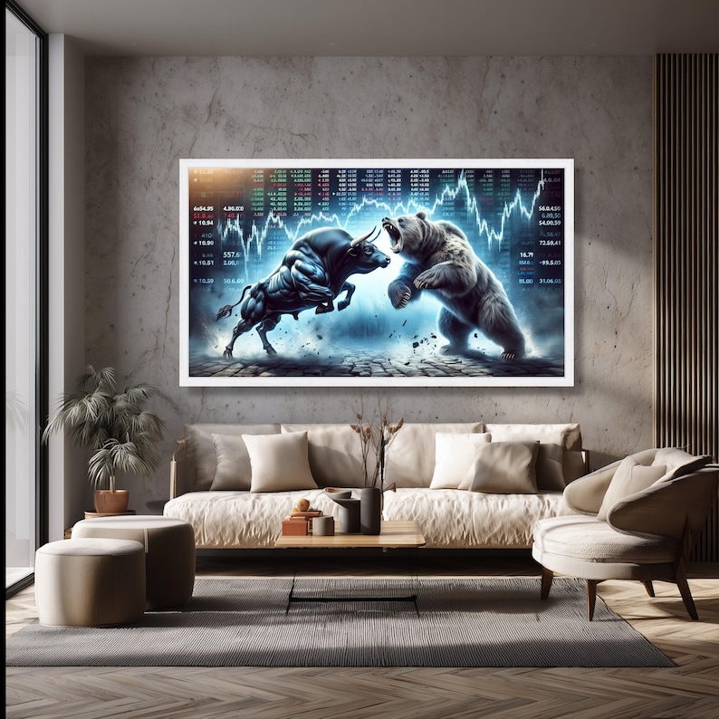 Bull vs Bear Markt Leinwand Wandkunst, finanzielle Börse Schlacht, Investition Thema Leinwand, Handels Wanddekoration, moderne Büro Kunst Bild 2