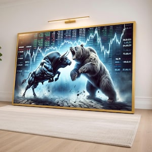 Bull vs Bear Markt Leinwand Wandkunst, finanzielle Börse Schlacht, Investition Thema Leinwand, Handels Wanddekoration, moderne Büro Kunst Bild 1