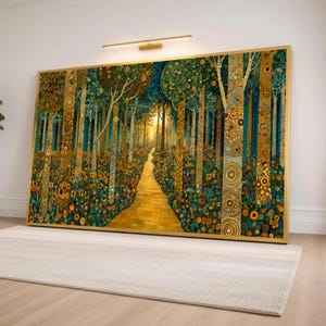 Cuadro de gran tamaño "Sendero en el Bosque Dorado", pintura de paisaje boscoso en tonos verde azulado con escena de pradera floral para la decoración de la sala de estar.