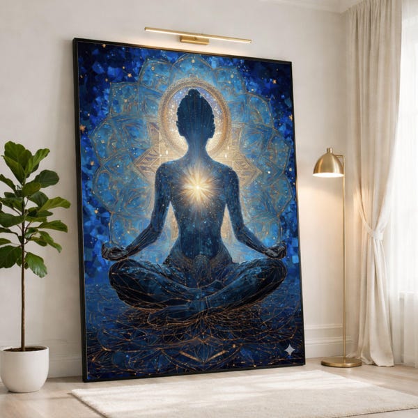 Meditation Silhouette Canvas Wall Art, Spiritual Chakra Painting, Blue Zen Artwork, Yoga Calm Energy Wall Decor