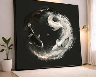 Koi Fish Wall Art Print, Black and White Watercolor Design for Modern Home Decor, Zen Canvas Print for Living Room, koi fish art