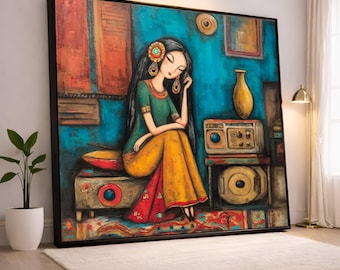 Elegant Woman Sitting Canvas, Vintage Radio Wall Art, Rustic Home Decor, Colorful Figurative Painting, Ethnic Style Canvas Art