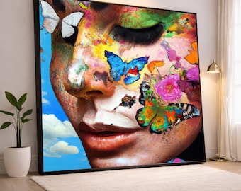 Vibrant Butterfly Wall Art Print, Colorful Floral Canvas Print for Home Decor, Unique Modern Art for Living Room or Bedroom