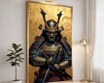 Fierce Samurai Warrior Canvas Art, Japanese Armor Wall Decor, Traditional Samurai Mask Illustration, Golden Armor Artwork, Ready to Hang