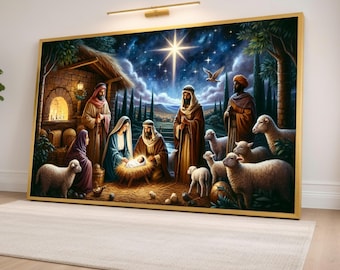 Nativity Scene Canvas Wall Art, Holy Family Manger Decoration, Christmas Star Night Canvas, Religious Christmas Canvas, Shepherds and Lambs