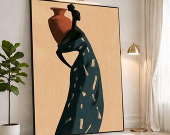 Elegant Woman Carrying Pot Canvas Print, Modern Wall Art, Minimalist Home Decor, Abstract Art for Living Room or Bedroom