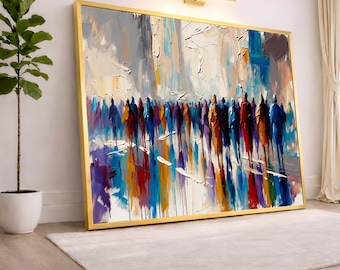 Modern City Crowd Scene Canvas, Abstract Urban People Art, Vibrant Colorful Wall Decor, Contemporary Canvas Painting, Ready to Hang Wall Art