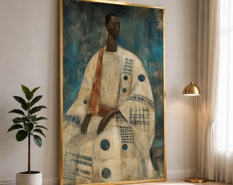 Abstract Wall Art Print, Portrait with Blue and Beige Patterns, Canvas Print for Modern Living Room or Office Decor, abstract portrait