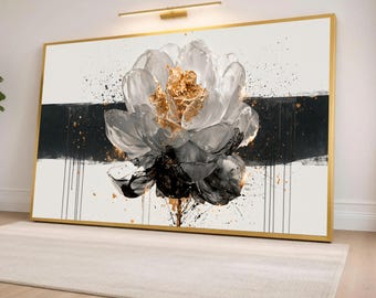 Modern Black and White Floral Canvas Print, Elegant Wall Art for Home Decor, Minimalist Style with Gold Accents, floral wall art
