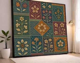 Vintage Blumen Patchwork Leinwand Wandkunst, Boho Blumenmuster-Dekor, rustikale botanische Leinwand, Hauptakzent-Blumenleinwand, fertig zum Aufhängen