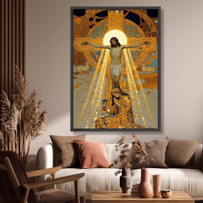 Gustav Klimt Korsfästelse Canvas, Religiös Väggkonst, Kristen Heminredning, Sakral Konsttryck, Andlig Canvasdekoration bild 3