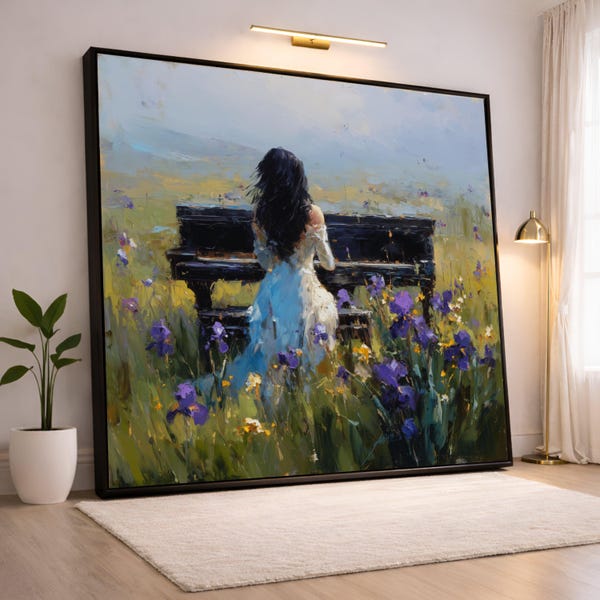 Mujer tocando el piano en un prado de flores silvestres (lienzo), arte mural romántico con paisaje floral, lienzo de naturaleza, decoración elegante para el hogar, listo para colgar.