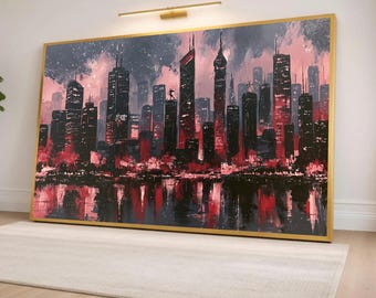 Modern City Skyline Canvas Print, Abstract Wall Art in Red and Black, Urban Landscape Decor for Home or Office Spaces, city skyline art