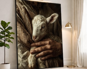 Zarte Lamm Umarmung Leinwand Wandkunst, rustikale Bauernhof Tierdruck, gemütliche ländliche Wohnkultur, warme Textil- und Naturleinwand, herzerwärmendes Kinderzimmer