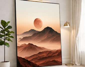 Stunning Mountain Landscape Canvas Print, Serene Sunset with Moon, Nature Wall Art for Home Decor, Perfect for Living Room