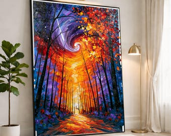 Vibrant Autumn Forest Canvas Print, Colorful Swirl Art, Fall Landscape Wall Art for Home, Nature Decor for Living Room, autumn wall art
