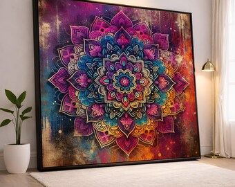Vibrant Mandala Canvas Wall Art, Colorful Floral Pattern, Boho Home Decor, Abstract Spiritual Design, Ready to Hang Canvas