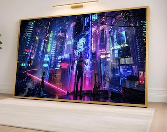 Cyberpunk Cityscape Canvas Print, Neon Lights Wall Art for Modern Home Decor, Futuristic Urban Aesthetic for Living Room