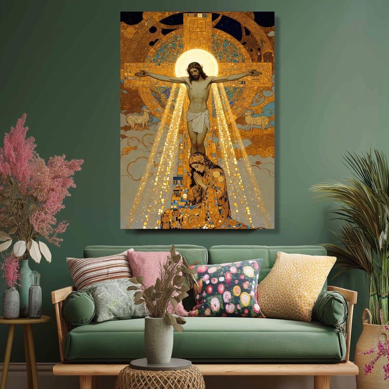 Gustav Klimt Korsfästelse Canvas, Religiös Väggkonst, Kristen Heminredning, Sakral Konsttryck, Andlig Canvasdekoration bild 4