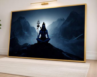 Meditating Shiva Silhouette Canvas Wall Art, Himalayan Nightscape, Spiritual Yoga Decor, Mystical Mountain Landscape, Calm Meditation Scene
