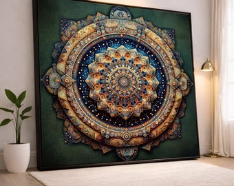 Ingewikkelde mandala canvas muurkunst, geometrisch patroon decor, boho spiritueel ontwerp, kleurrijke cirkelkunst, huisdecoratie canvas