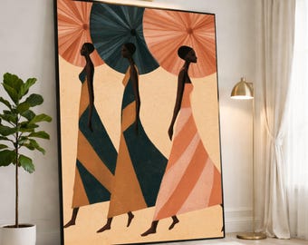 Stylish Women Walking Canvas Print, Modern Wall Art for Living Room, Bedroom Decor, Colorful Fashion Illustration, canvas wall art