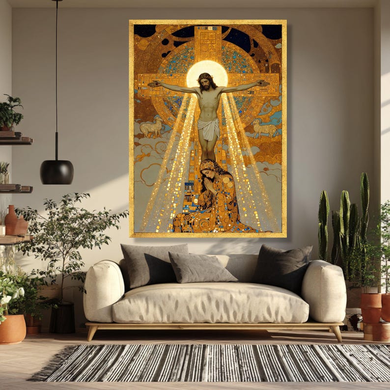 Gustav Klimt Korsfästelse Canvas, Religiös Väggkonst, Kristen Heminredning, Sakral Konsttryck, Andlig Canvasdekoration bild 2