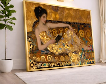 Gustav Klimt Gyllene Damen Canvas, Art Deco Väggkonst, Läsande Kvinna Målning, Lyxig Heminredning, Elegant Canvastavla