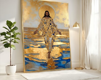 Gustav Klimt Jesus Walking on Water Canvas, Religious Wall Art, Modern Spiritual Canvas, Golden Decorative Painting, Home Décor Artwork