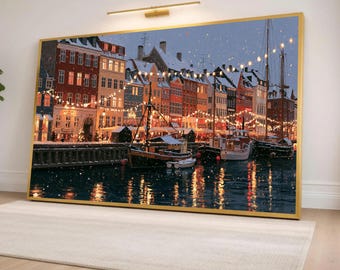 Copenhagen Winter Scene Canvas Print, Colorful Waterfront Buildings with Lights, Cozy Wall Art for Home or Office Decor, copenhagen art