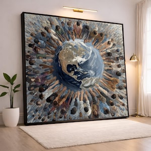 May include: A large framed artwork shows a blue and green Earth encircled by a crowd of people with raised arms. The artwork is in a black frame and hangs on a white wall. A small plant in a white pot is on the left.