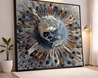 Unity Around Earth Canvas Wall Art, Global Harmony Painting, World Community Artwork, Inspirational Home Decoration, Environmental Wall Art