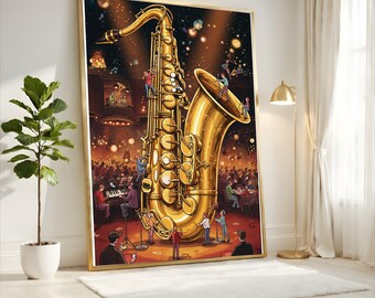Jazznacht gigantische saxofoon canvas, kunst aan de muur muziekinstrument, canvas live muziekscène, woondecoratie concertsfeer, artistieke muziek