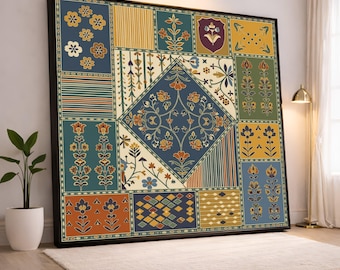 Vintage Blumen Patchwork Leinwand, Boho Wand Kunst, Gemusterte Wohnkultur, Bunte Quilt Stil Leinwand, Botanische Design Tafel Kunst