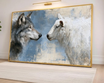 Wolf and Sheep Wall Art Print, Animal Canvas Decor for Living Room, Nature Themed Artwork for Rustic Home Aesthetic, animal wall art