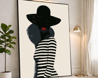 Chic Black and White Fashion Canvas Print, Stylish Wall Art for Modern Home Decor, Striped Dress and Hat Design, fashion wall art