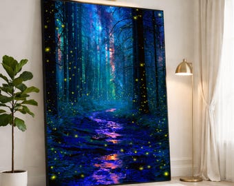Mystical Forest Canvas Print, Enchanting Night Scene with Fireflies, Colorful Nature Wall Art for Living Room Decor, forest wall art